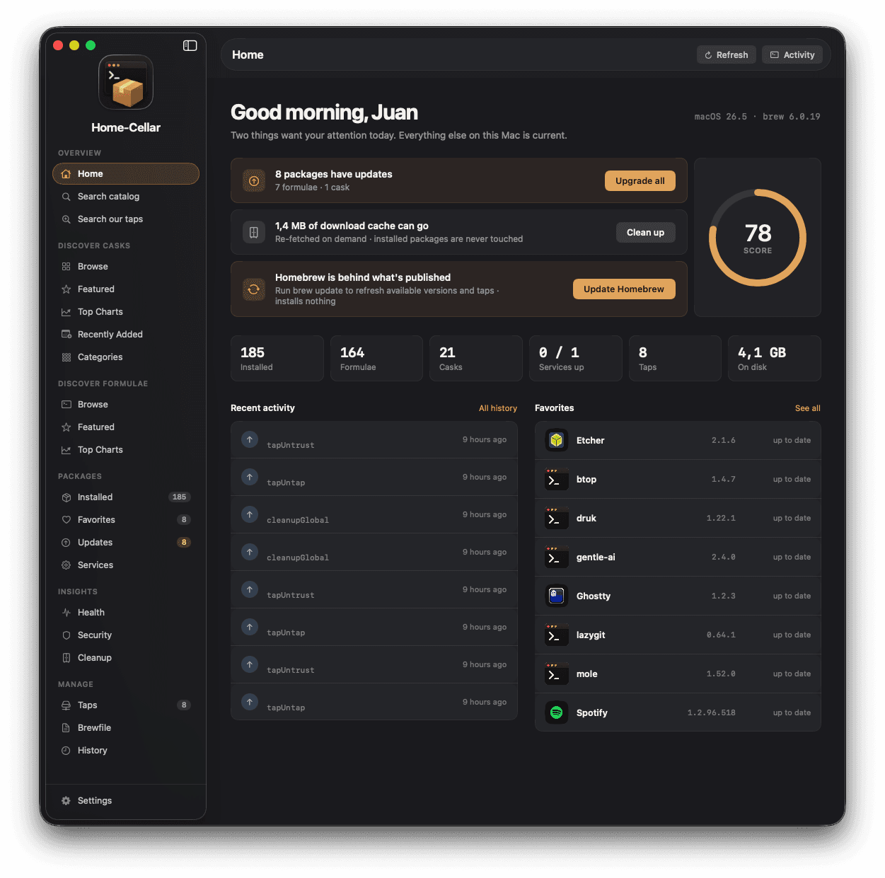 Home-Cellar macOS dashboard showing package updates, cleanup recommendations, system health, recent activity, and favorite packages